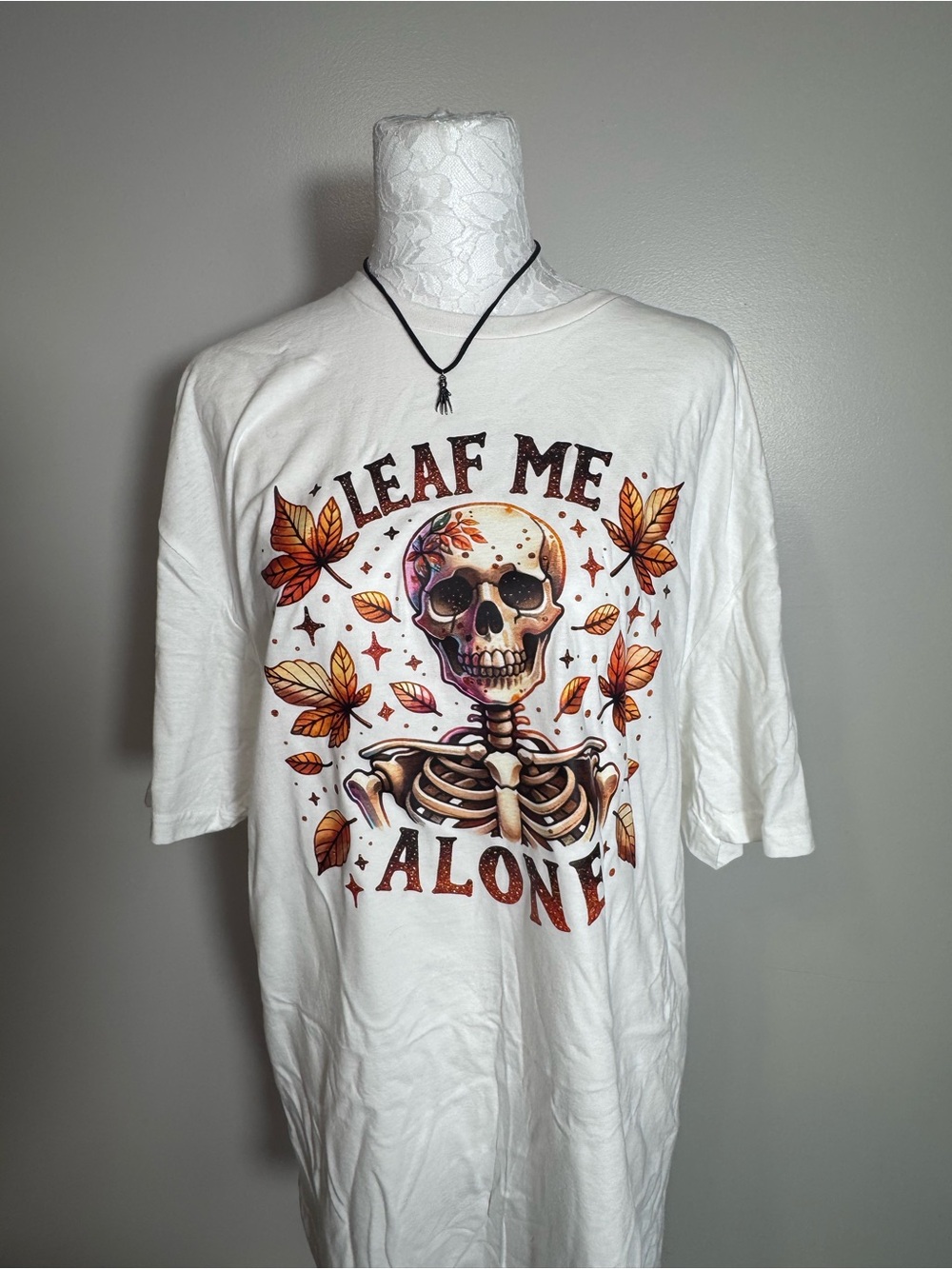Gildan White Softstyle Tee fall “Leaf me alone” graphic